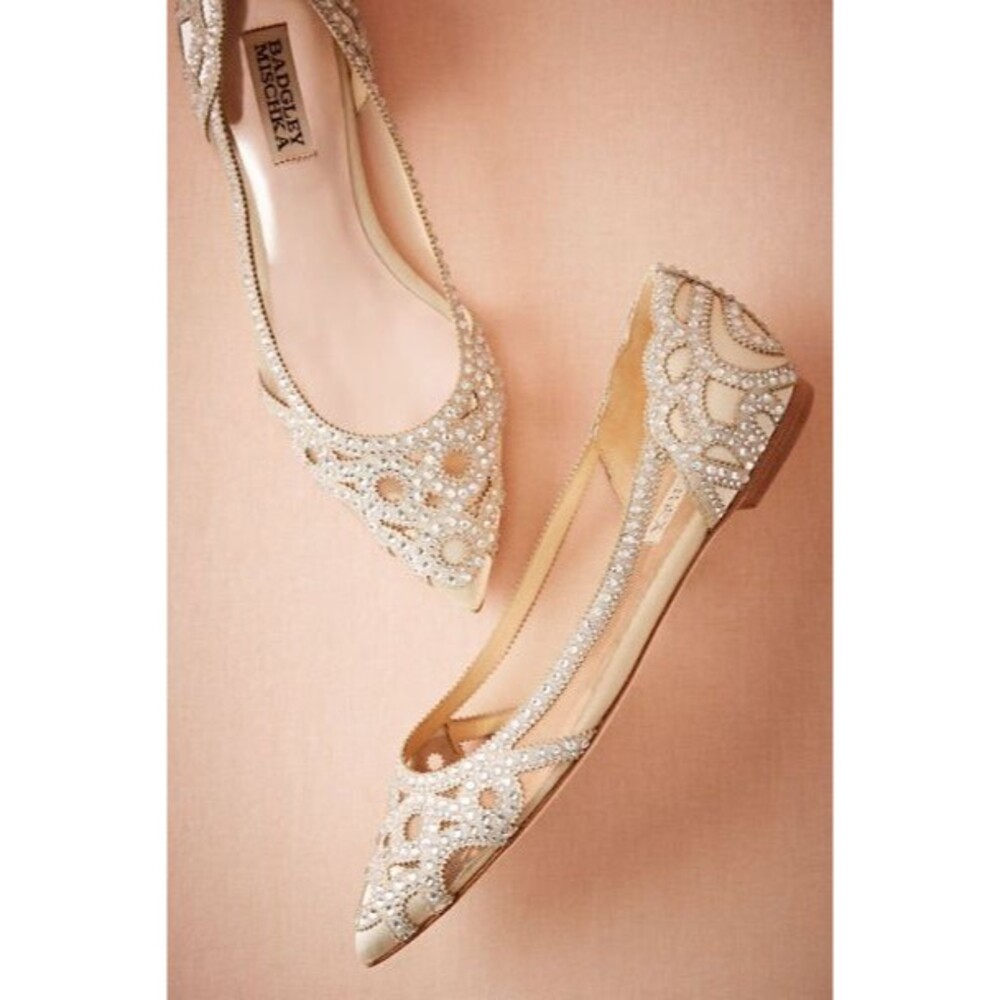 Badgley Mischka Gigi Crystal Pointed Toe Flat Shoes Womens 7 Bridal Formal